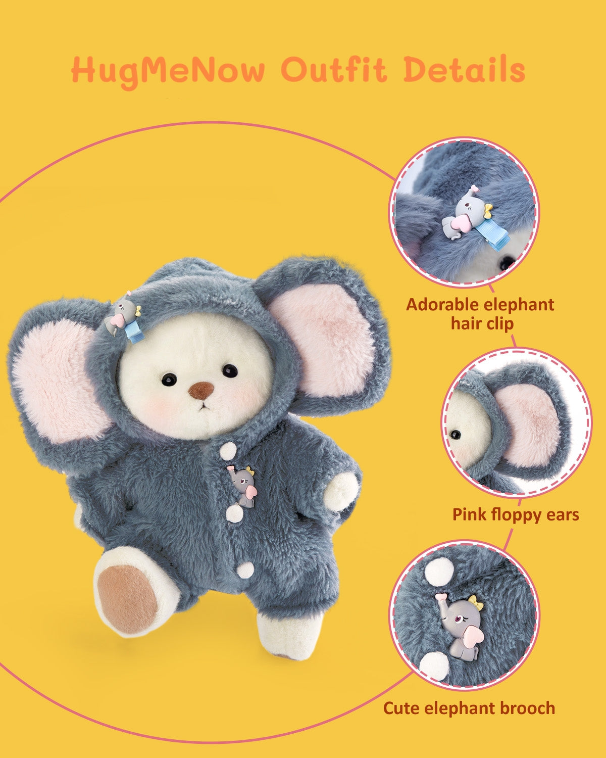 HugMeNow Fluffy Little Elephant Bear | Handmade Jointed Teddy Bear Gift